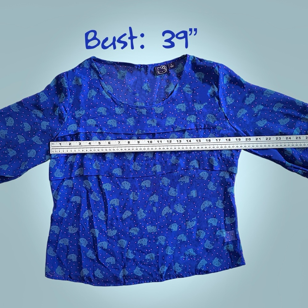 Hello Kitty Sheer Cobalt Blue Ruffle Blouse Women's L, Fits Like M, Pink‎ Hearts - Picture 7 of 10